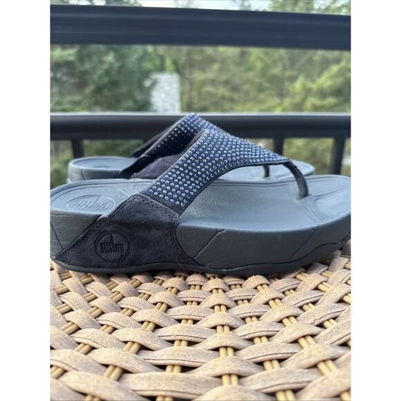 Fitflop Fit Flops Rokkit Leather Black Bling Toe-Post Sandals Slip On Women’s 5 - Picture 1 of 14